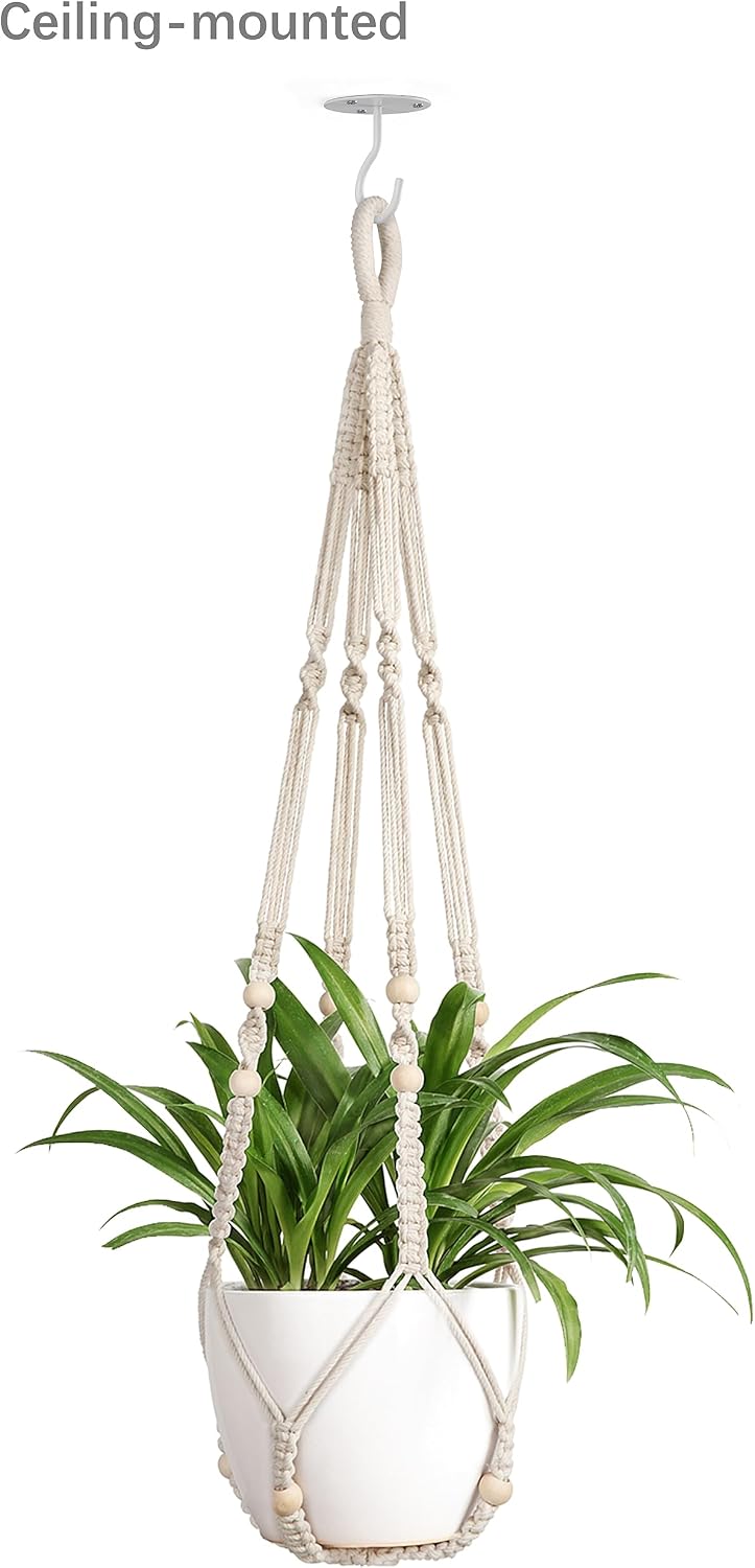 Mkono Macrame Plant Hangers Indoor Hanging Planter Basket and Ceiling Hooks, Decorative Flower Pot Holder No Tassels for Indoor Outdoor Home Decor, Ivory