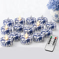 Flameless Tea Lights with Remote & Timer, 12 Pack Blue and White Floral LED Tealight Candles, Battery Operated Dimmable Flickering Lights for Wedding Home Decor