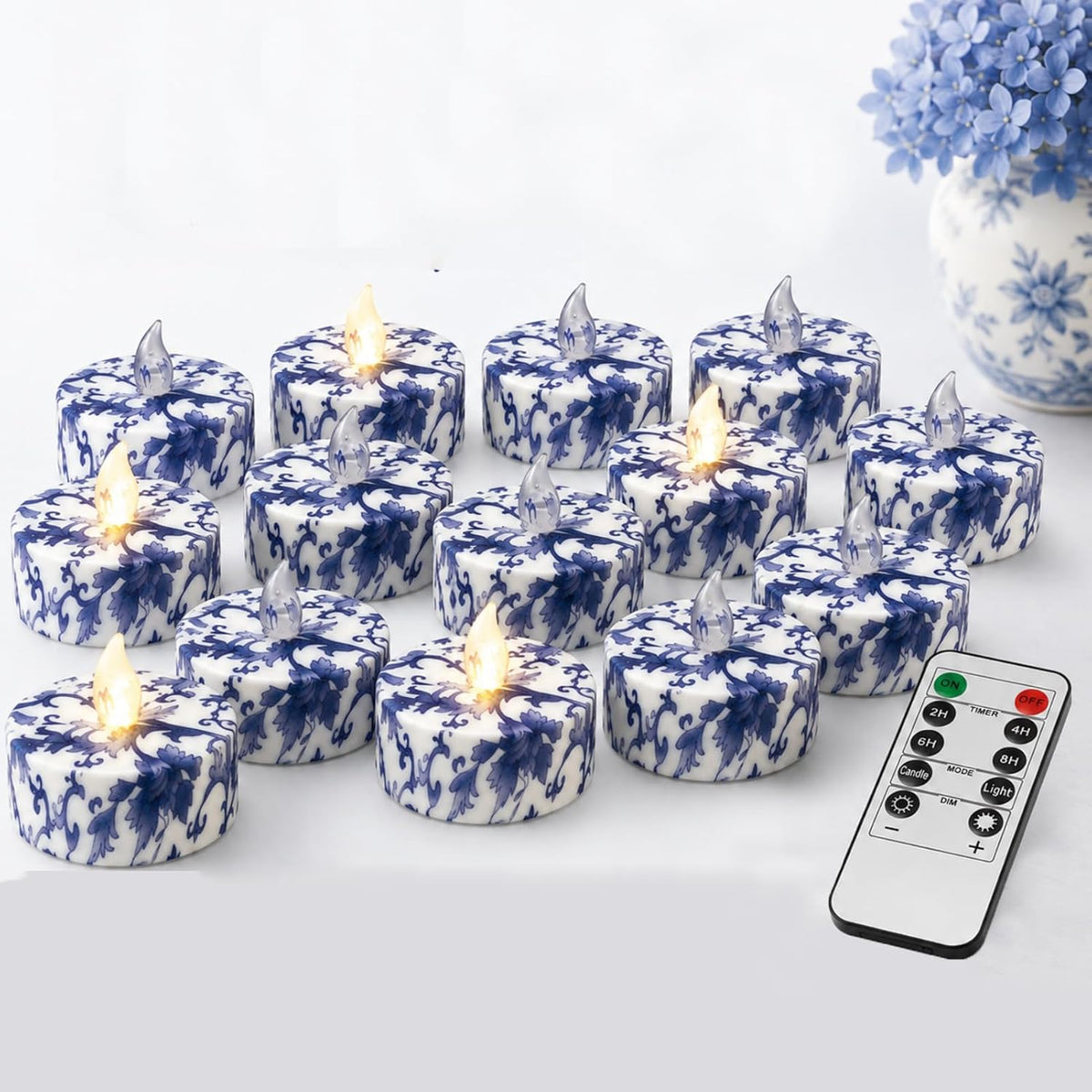 Flameless Tea Lights with Remote & Timer, 12 Pack Blue and White Floral LED Tealight Candles, Battery Operated Dimmable Flickering Lights for Wedding Home Decor