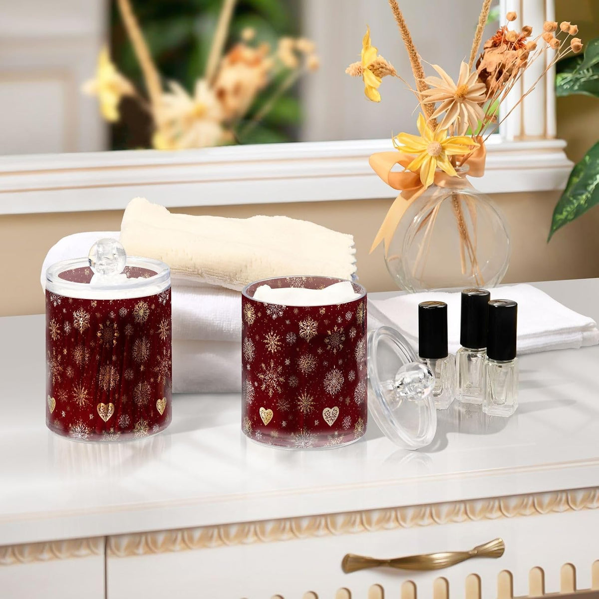 Gredecor Christmas Winter Qtip Holder Dispenser 2 Pack Gold and White Snowflakes Apothecary Jars with Lids Bathroom Vanity Countertop Canister Storage Organizer for Cotton Ball,Swabs,Pads,Floss