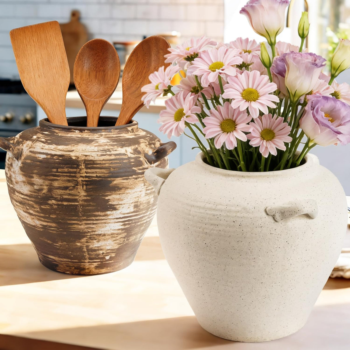 Large White Ceramic Vase 7 inch Rustic Farmhouse Vase with Handles for Home Decor Vintage Decorative Vases for Bookshelf, Table, Mantle Fireplace, Living Room, Bathroom, Wedding