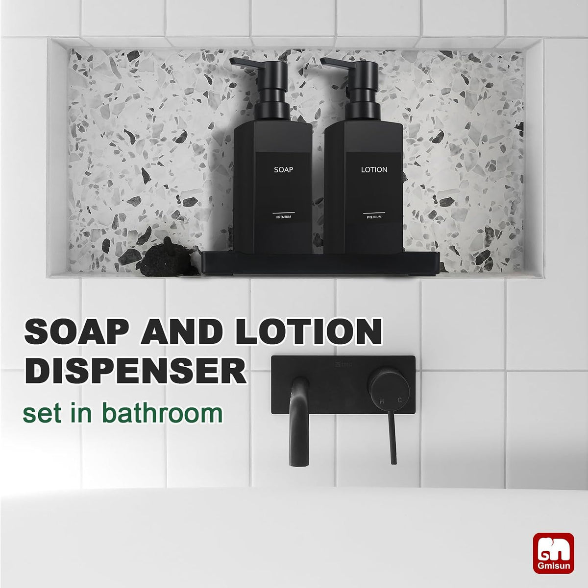 GMISUN Kitchen Soap Dispenser Set, Hand and Dish Soap Dispensers, 12 fl oz/350 ml Black Soap Dispenser with Tray, Glass Dish Dispenser for Kitchen, Liquid Hand Soap and Lotion Bottle Set for Bathroom