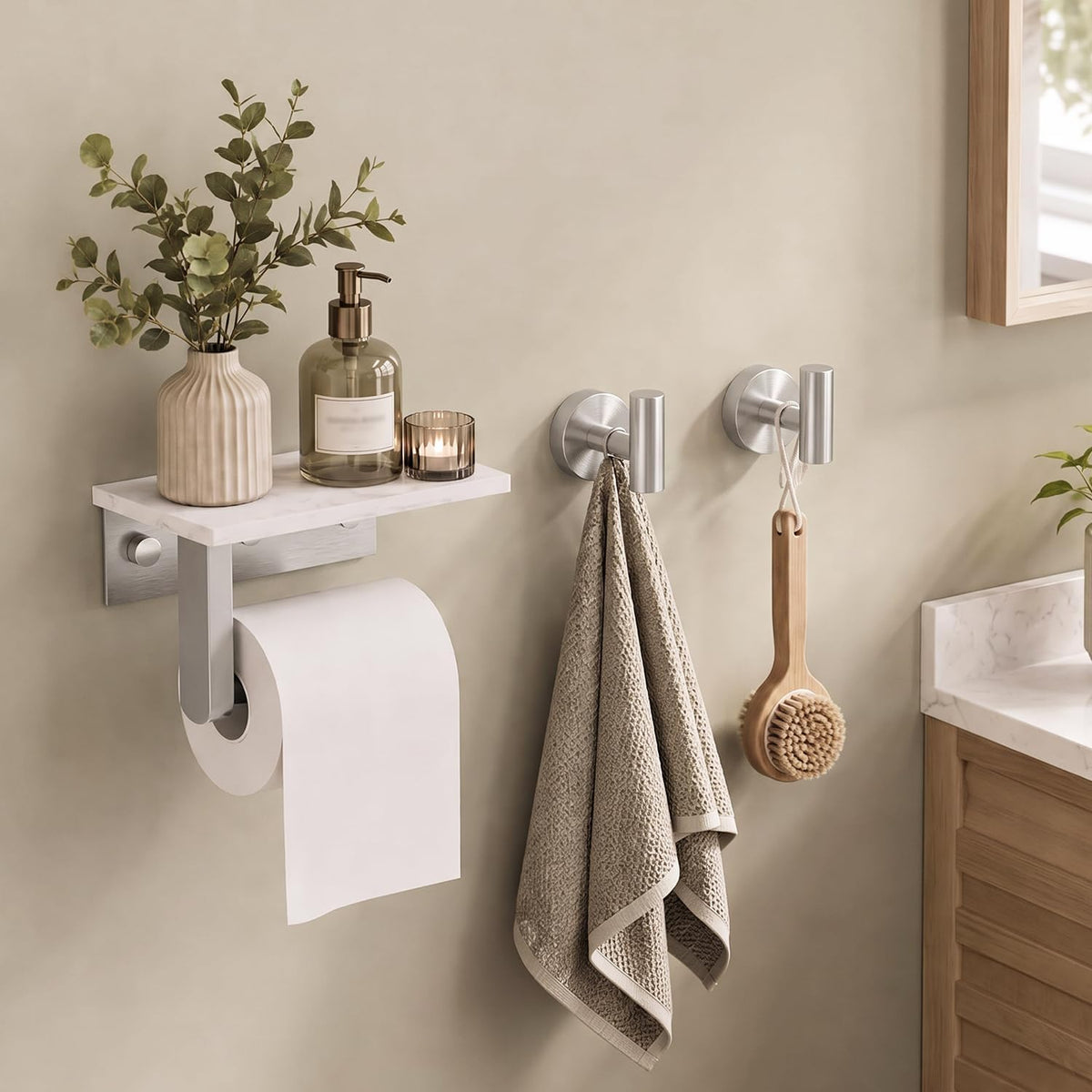 BWE Brushed Nickel Toilet Paper Holder with Marble Shelf Wall Mounted