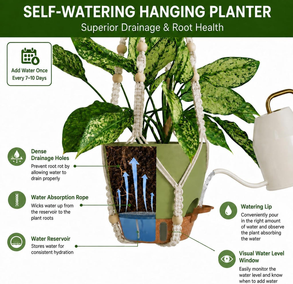 Bouqlife 3 Pack Hanging Planters for Indoor Plants Macrame Plant Hangers with Self Watering Flower Pots, 3 Different Size (Sage Green, Medium)