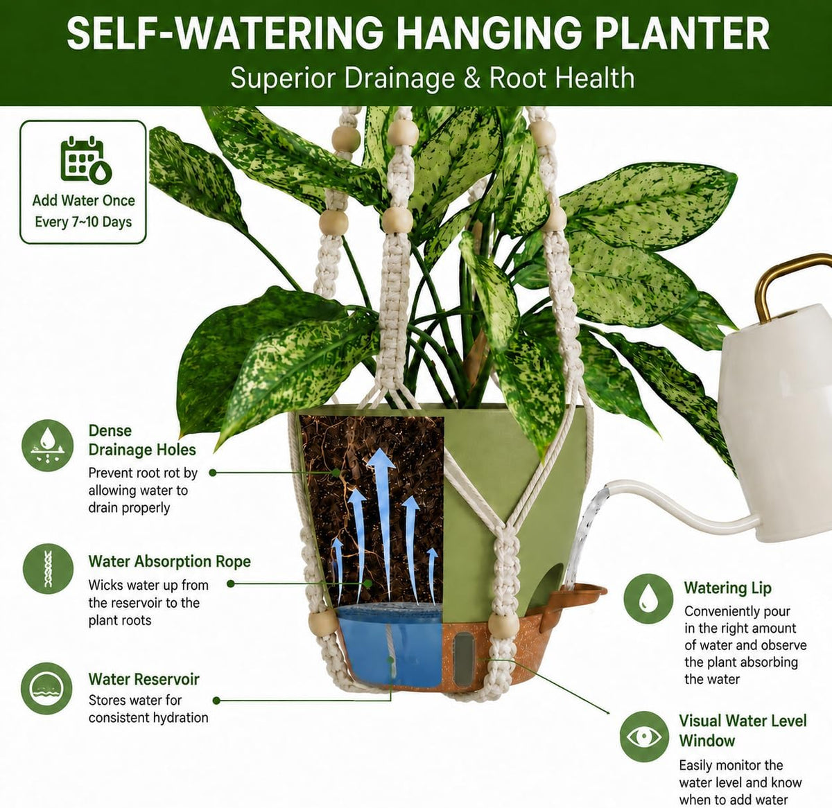 Bouqlife 3 Pack Hanging Planters for Indoor Plants Macrame Plant Hangers with Self Watering Flower Pots, 3 Different Size (Sage Green, Medium)
