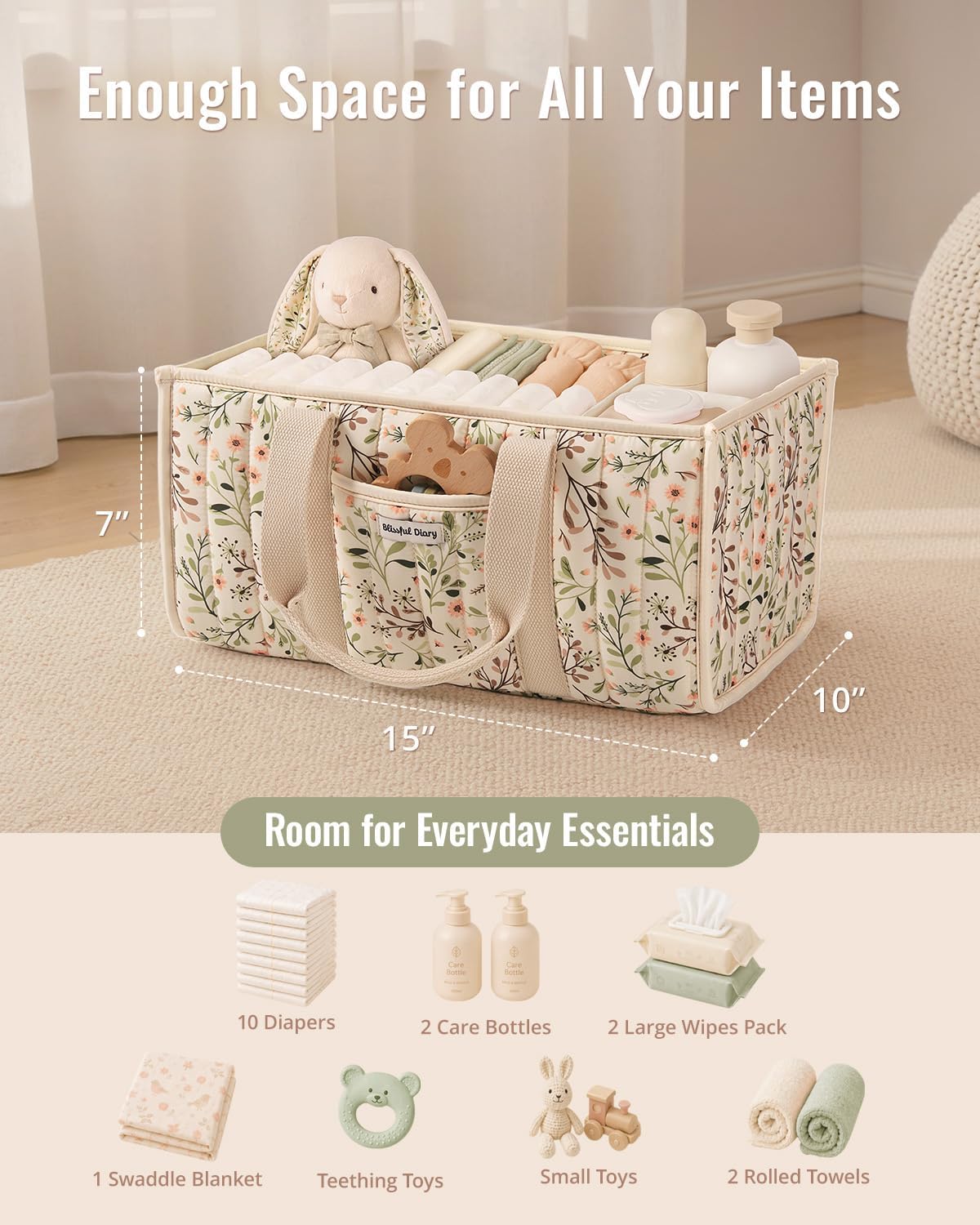 Blissful Diary Baby Diaper Caddy Organizer, Nursery Storage, Ditsy Daisy