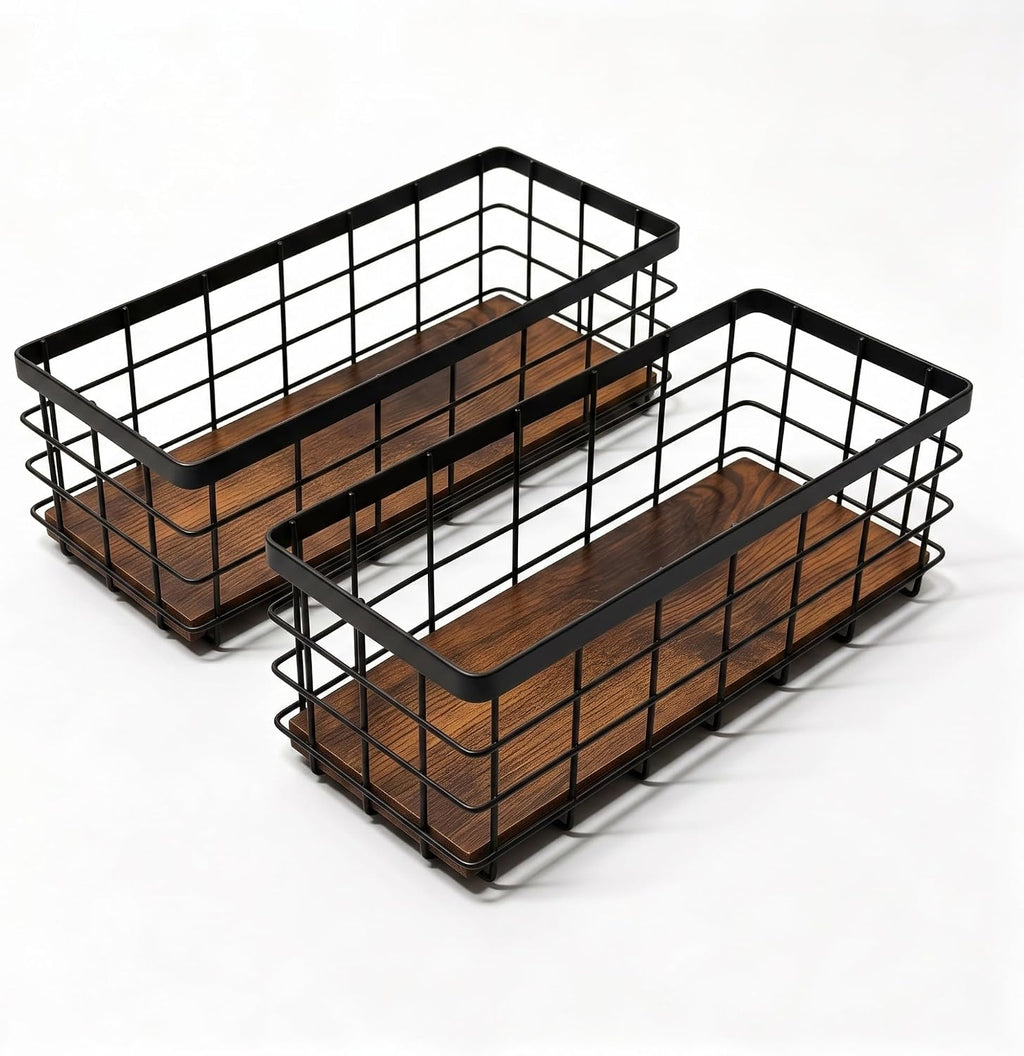 Small Black Metal Wire Storage Basket with Wood Base (Black+Brown, 2 Pack)