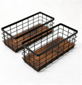 Small Black Metal Wire Storage Basket with Wood Base (Black+Brown, 2 Pack)