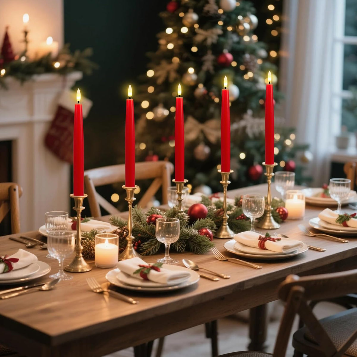 Red Christmas Flameless Taper Candles Battery Operated with Remote Timer