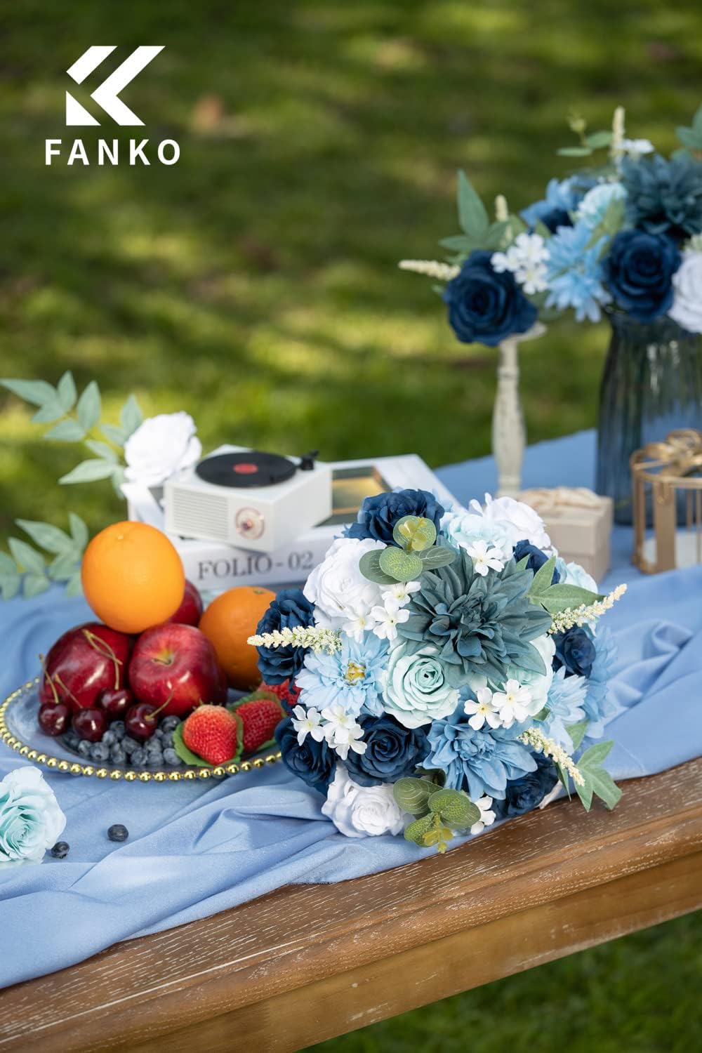 FANKO Fall Artificial Flowers for DIY, Blue White Faux Flowers Bouquet, Fake Flowers with Roses Dahlia Daisy Silk Flowers for Vase, Fall Home Decor, Wedding Centerpiece, Floral Arrangement Décor