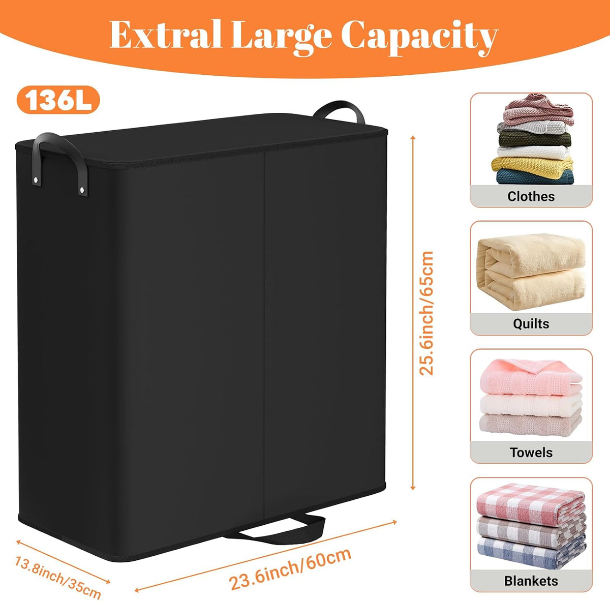 136L 2 Section Laundry Hamper with Lid, Laundry Basket, Black
