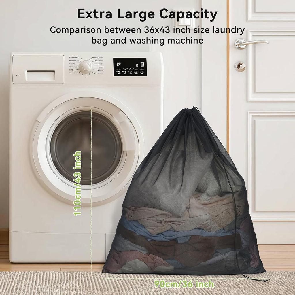 OTraki Ex-Large Mesh Laundry Bags 36x43 Inch Drawstring Laundry Bag 2 Pack Dirty Clothes Mesh Net Bag Heavy Duty Travel Storage Organize Bag for Hotel Beach,Don't Drying, Melting 140-176℉ Black