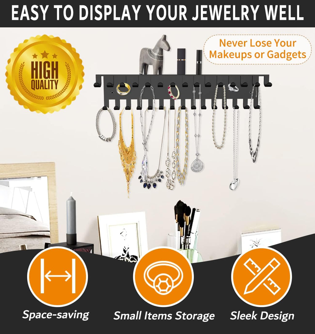 Necklace Jewelry Holder Wall Hanging Organizer Hangers Storage Mounted Shelf with 56 Hooks Tray Display Girls Women Metal Door Earring Mount Key Chains Rack (Black)