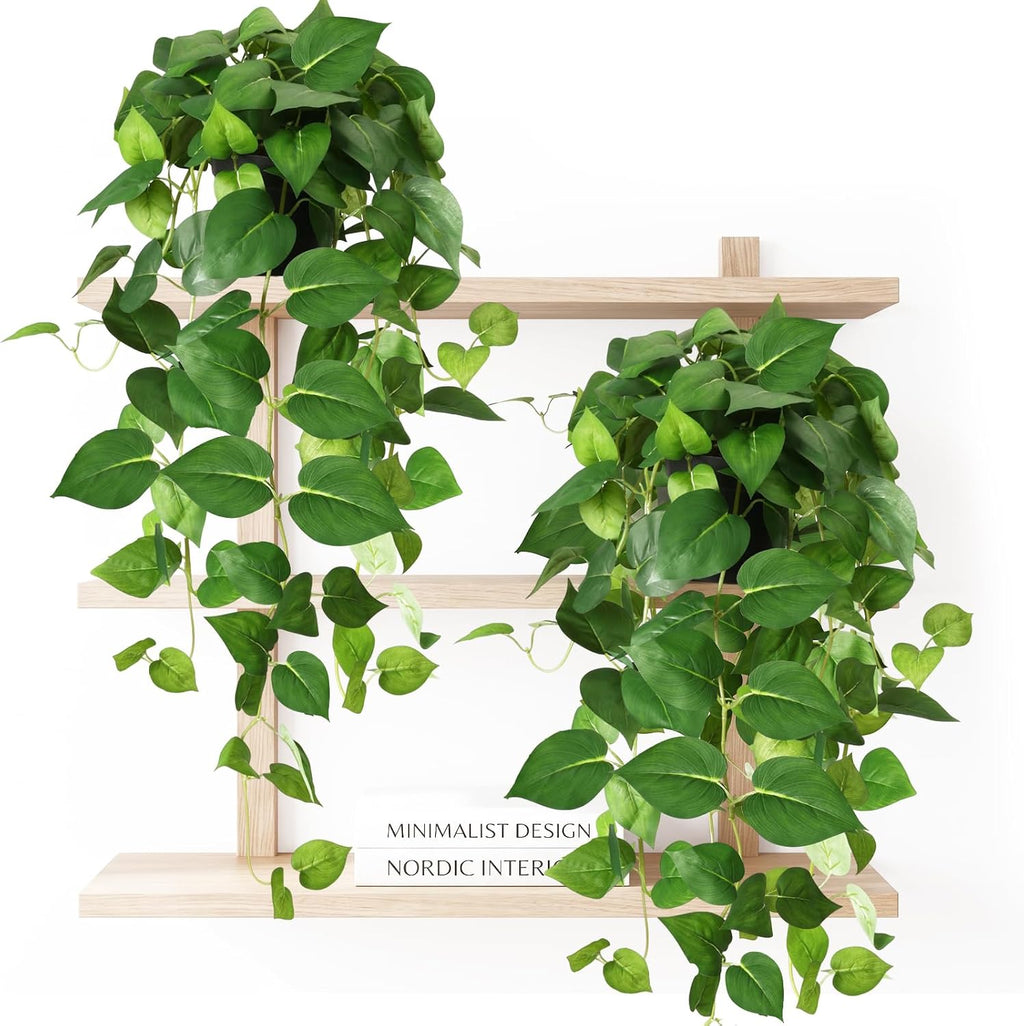 CEWOR Fake Plants Indoor 2 Packs 33" Fake Pothos Hanging Plants with Plastic Pot for Home Office Indoor Decor (Green)