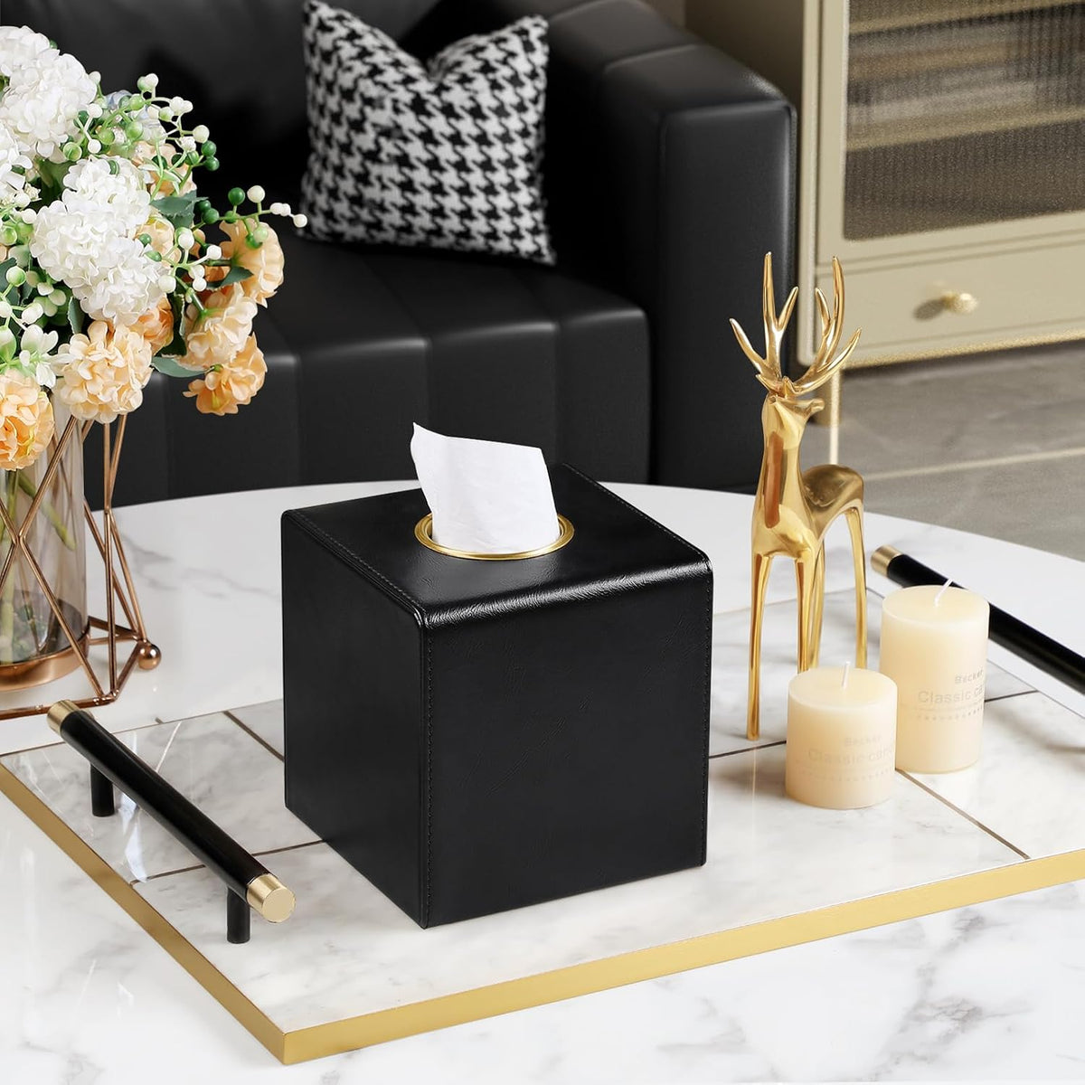 Square Tissue Box Cover with Magnetic Closure, Black
