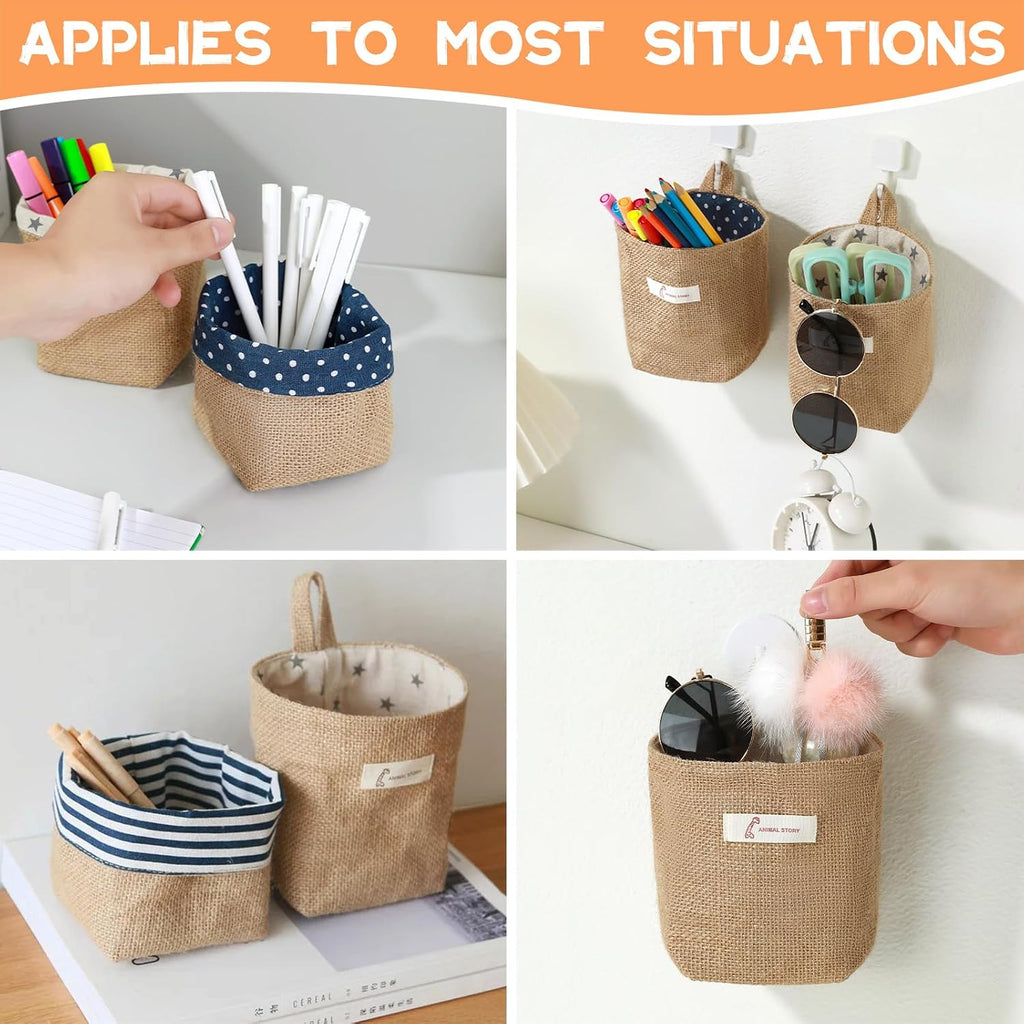 3 PCS Mini Hanging Storage Bag Cotton Linen Small Storage Basket Wall Hanging Storage Pouch Foldable Storage Box Family Organizer Decorative Bag for Key Sunglasses Snack Wallet on Door Closet Desktop