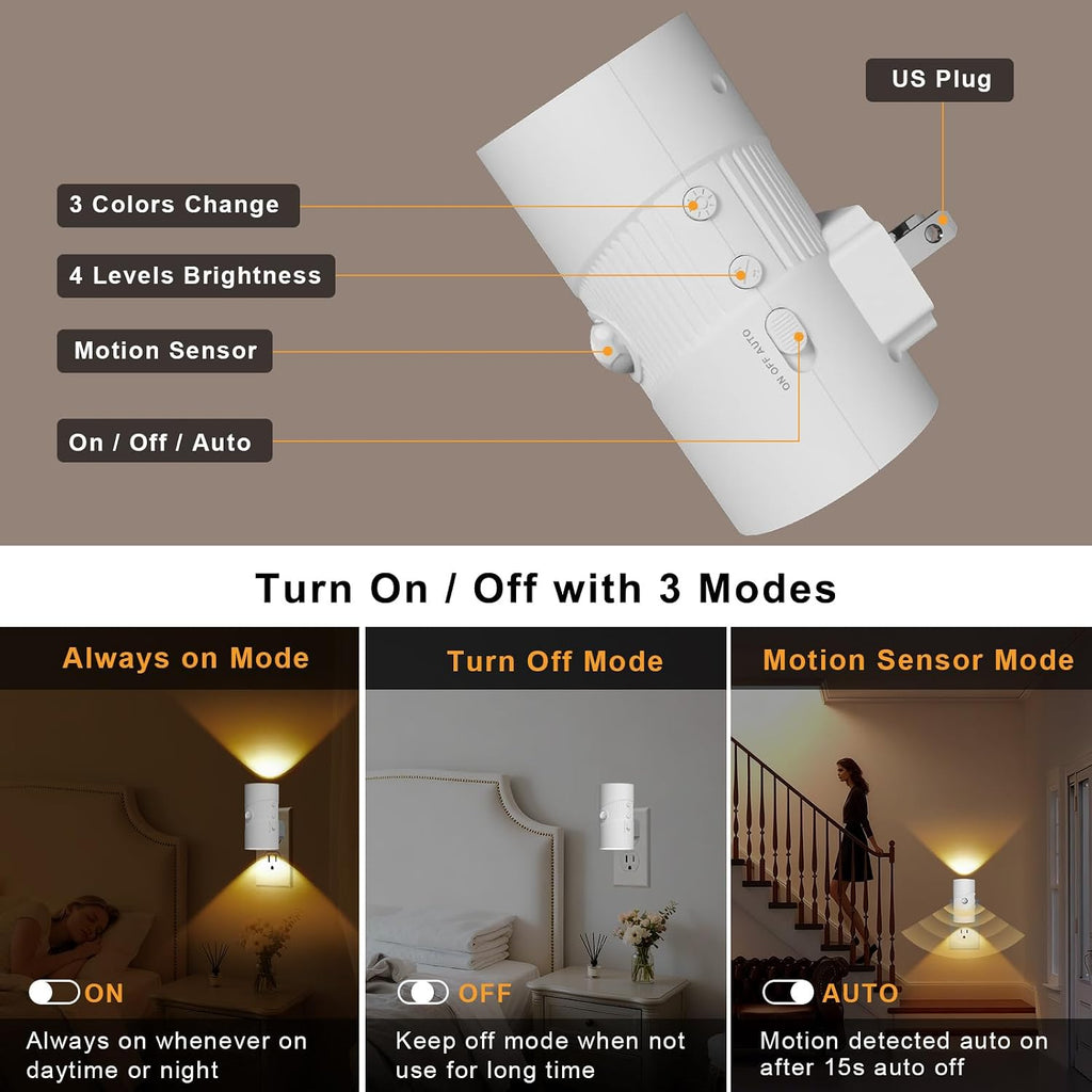 easuntec Motion Sensor Light Indoor, Night Lights Plug into Wall, Motion Sensor & Dusk to Dawn Sensor, 3 Light Modes, Dimmable Night Light for Bedroom Bathroom Hallway Kitchen Stairs (White, 2 Pack)
