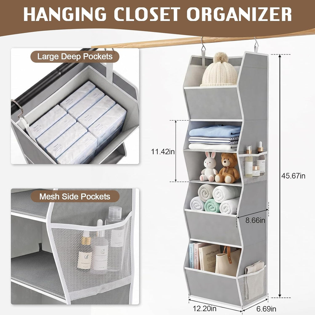 Hanging Closet Organizer with Side Pockets, 5-Shelf Foldable Closet Storage