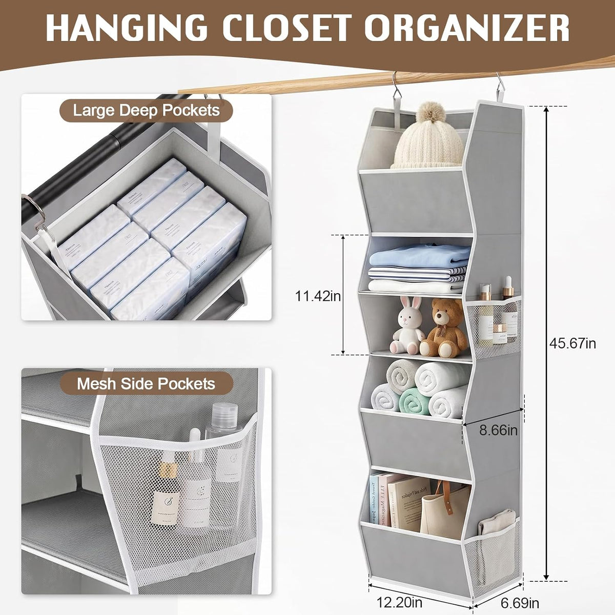Hanging Closet Organizer with Side Pockets, 5-Shelf Foldable Closet Storage