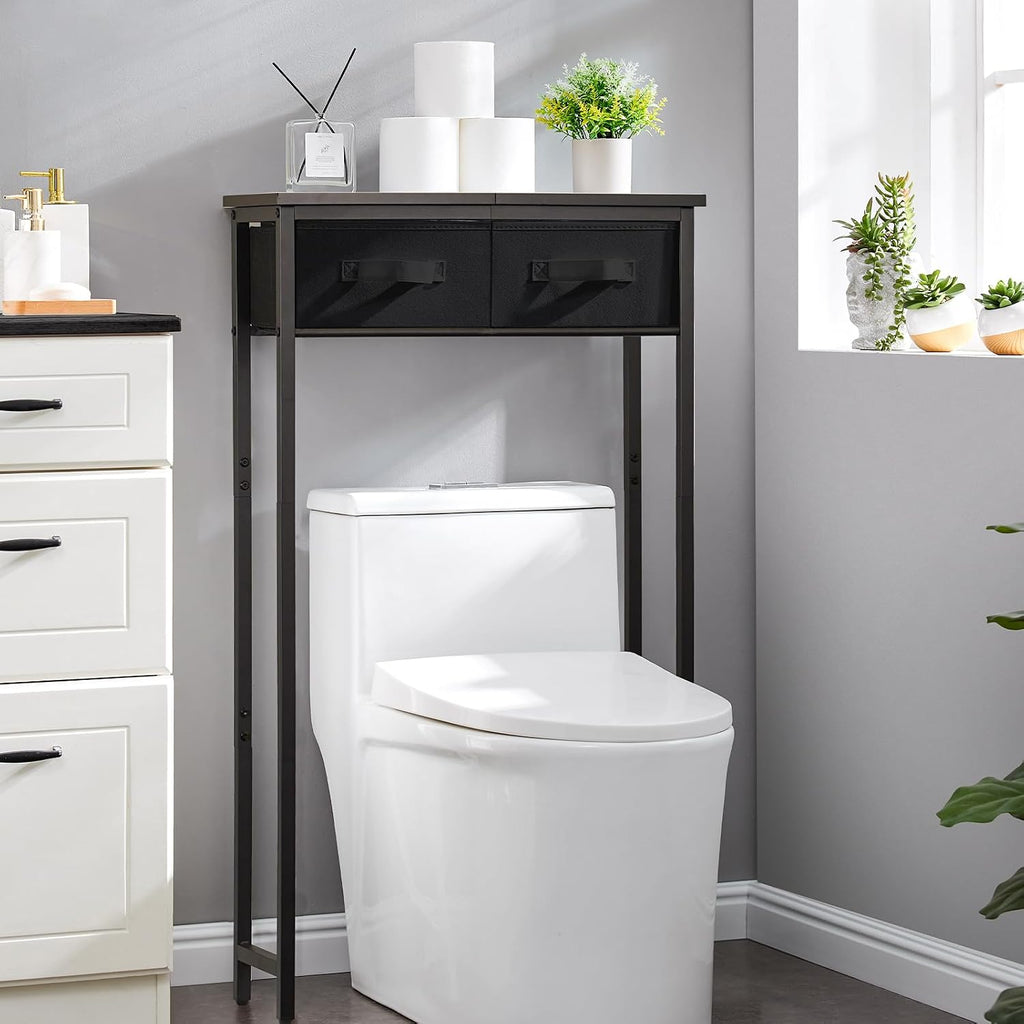 MOHOPE 2-Tier Over The Toilet Storage with 2 Fabric Drawers, Freestanding Above The Toilet Storage Cabinet, Space Saver Metal Over Toilet Bathroom Organizer Shelf for Small Space, Black