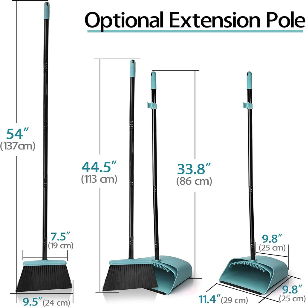 JEHONN Broom with Dustpan Combo Set, Long Handle Lightweight Indoor Broom Set, Upright Standing Dust Pan with Comb Teeth Store Sweep Set for Home Room Kitchen Office Lobby (Grey-Green)