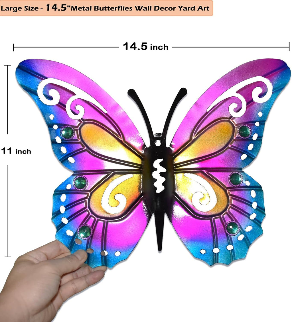 Akulgaci 2 Pack Butterfly Decorations, 14.5" Large Metal Butterflies Fence Garden Yard Art Wall Decor for Outdoor Patio Balcony Tree Front Porch, Vibrant Colors Purple Green