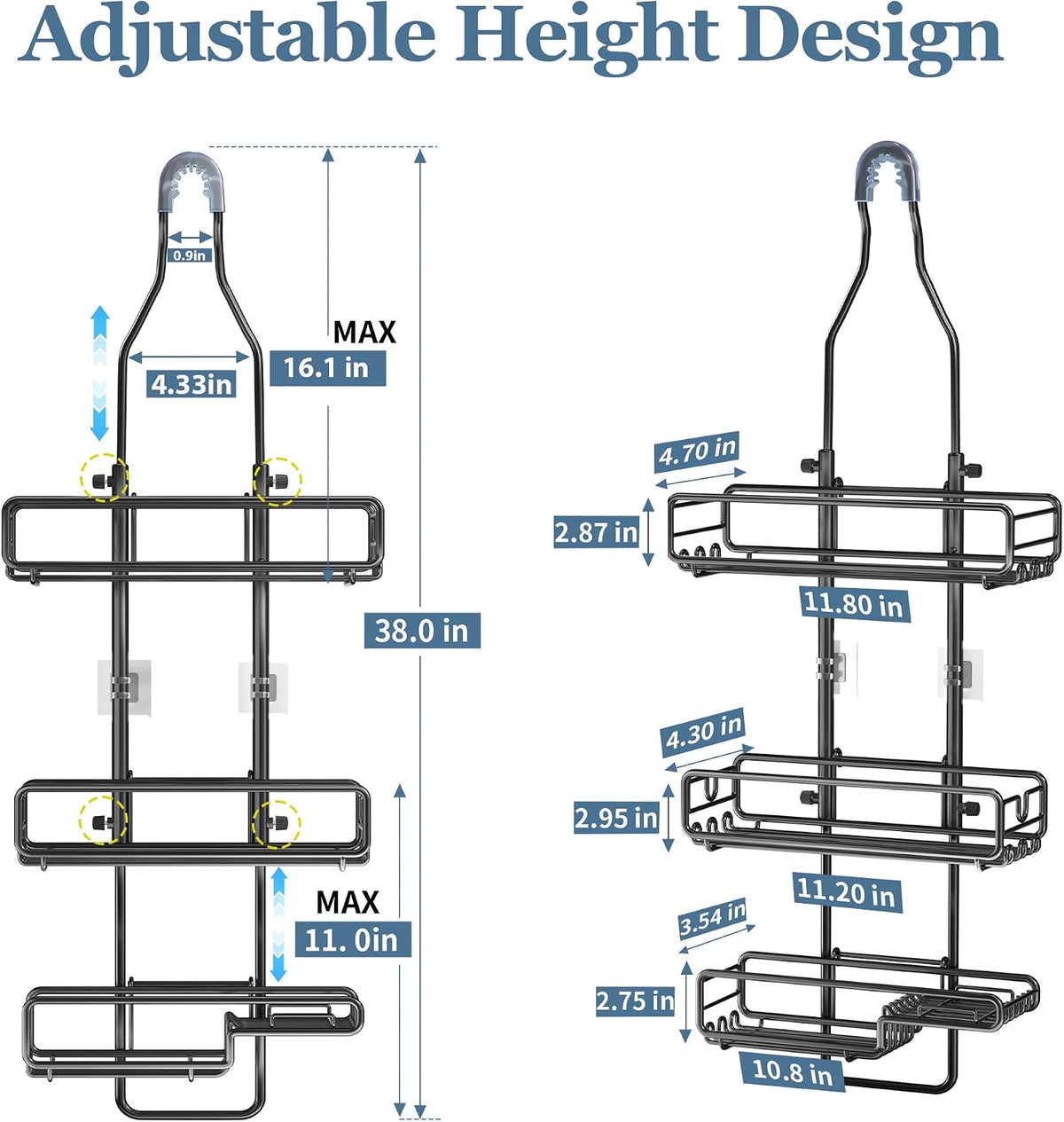 Skyapex Shower Caddy Hanging Bathroom Organizer: Over Head Adjustable Rack for Tall Showerhead - Extra Large Storage Shelf for Big Shampoo Bottles with Soap Holder