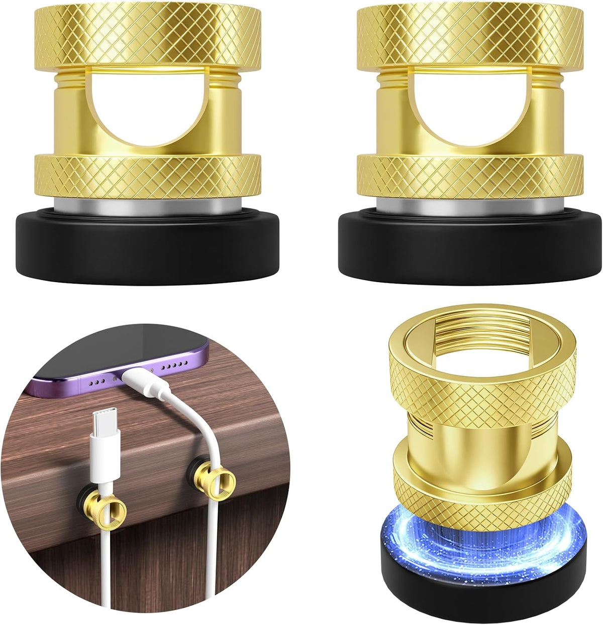 Maveek Magnet Cable Clips, Knurled Metal Desk Cord Organizer, 4 Pack, Gold