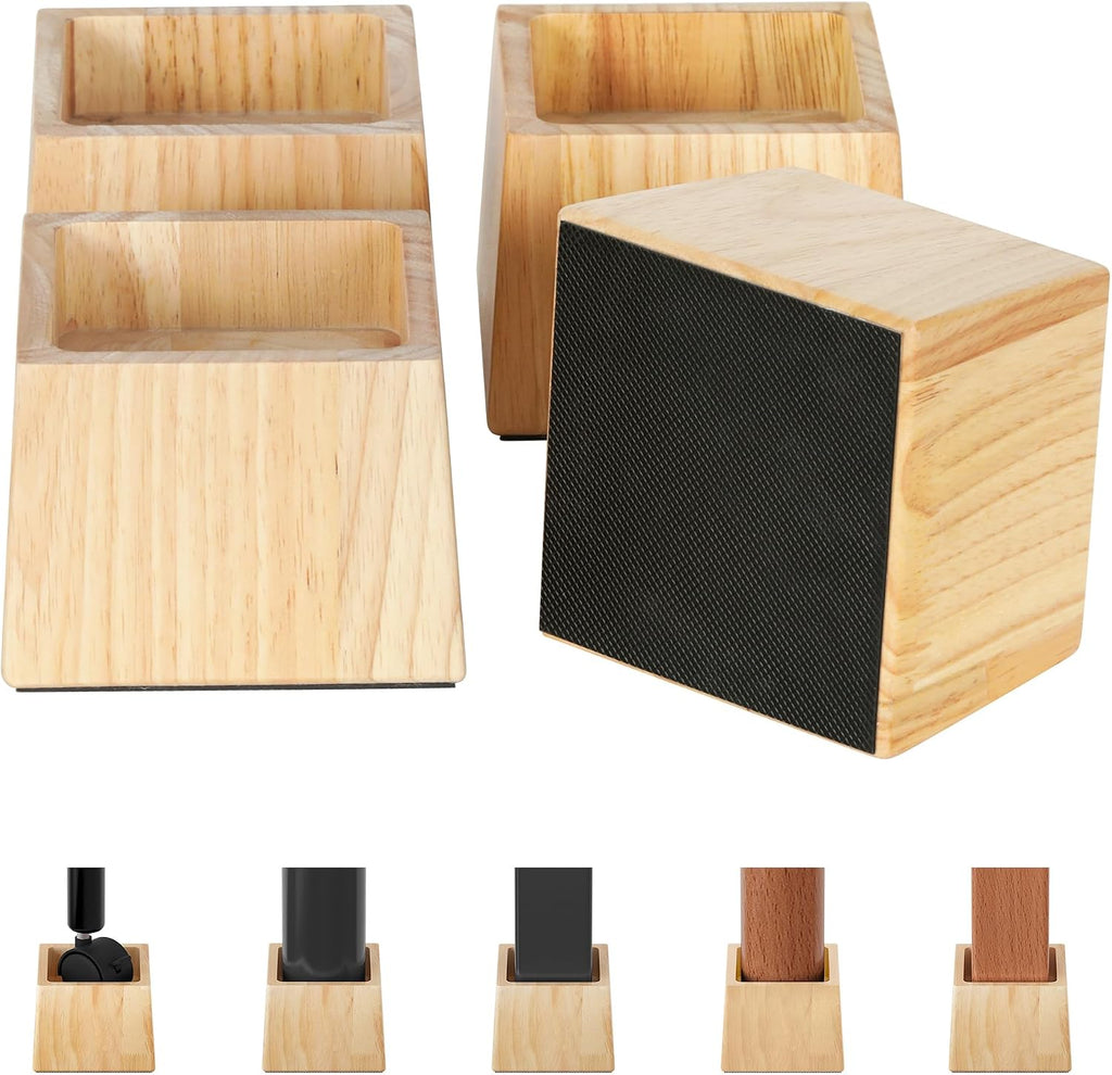 TQVAI Bed Risers Heavy Duty, Support 2200 lbs, 1-in Deep Anti-Fall Edge, 4 Pack Wooden Furniture Bed Lifts Risers with Non-Slip Pads for King Queen Twin Full Size Frame, Original, 3" H(Inner 2" H)