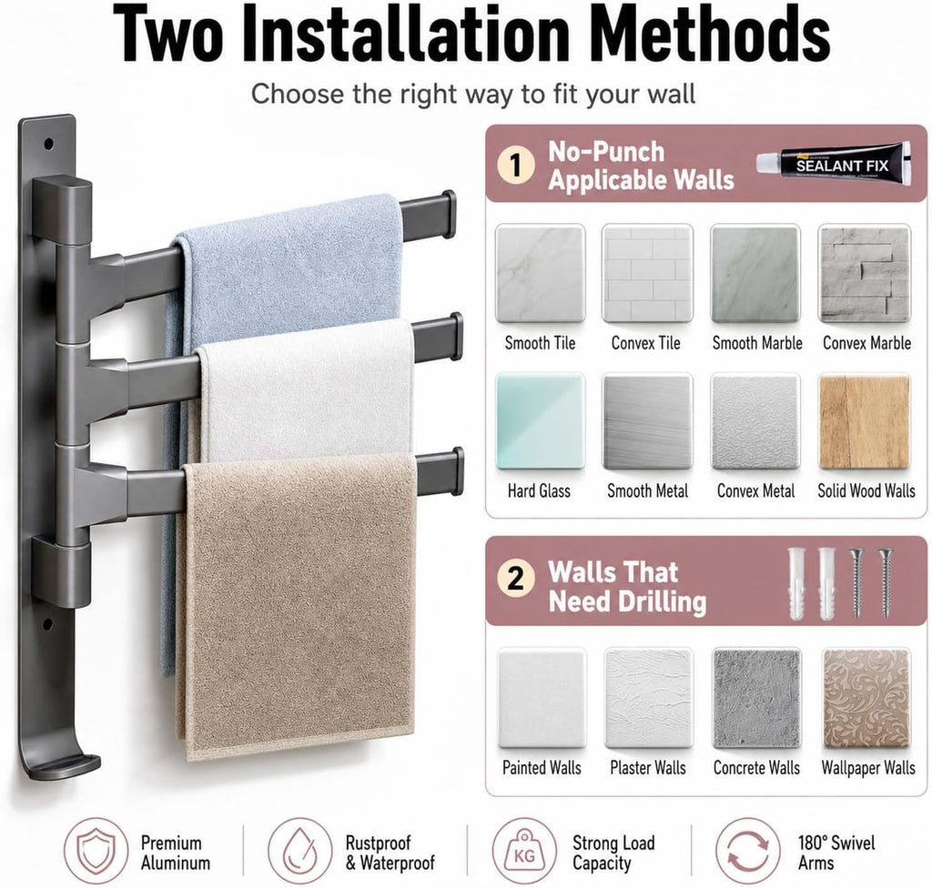 Wall Mounted Swivel Towel Rack No Drill for Bath Small Space Renters