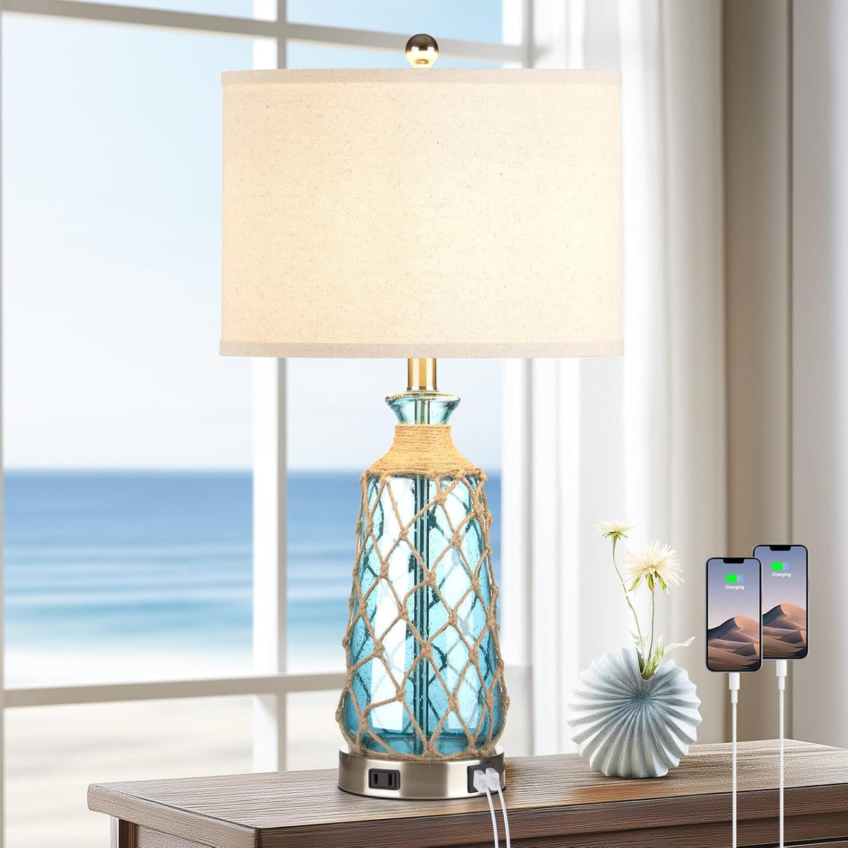 Ruzectt Coastal Glass Table Lamps, 3-Way Dimmable Touch Control Bedside Lamps with 2 USB Ports and AC Outlet, Teal Nautical Nightstand Lamps for Bedroom Living Room (LED Bulbs Included)