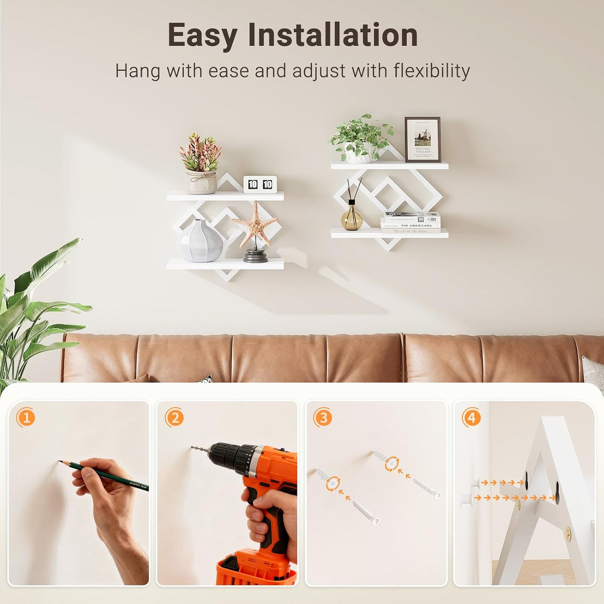 ELYKEN Floating Shelves for Wall, Set of 2 Hanging Shelves, White