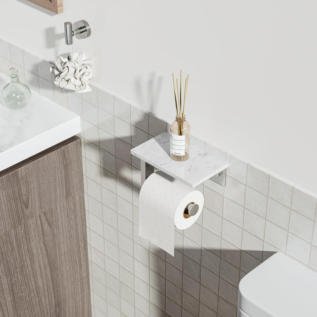 Brushed Nickel Toilet Paper Holder with Marble Shelf Tissue Roll Holder