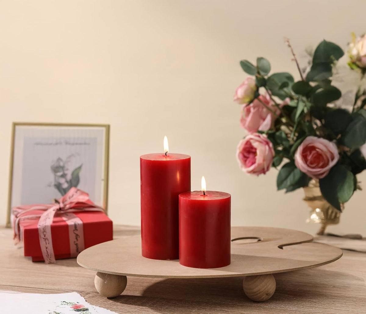 3x4 Inch Red Pillar Candles Set of 3 - Decorative Unscented Pillar Candle