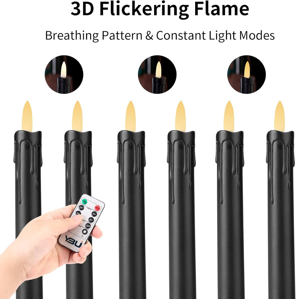 YBU Flameless Taper Candles with Remote 7 Inches Led Candle Sticks with Flickering Light Timer Dimmer Battery Operated Window Candles for Halloween Christmas Decoration (Black)