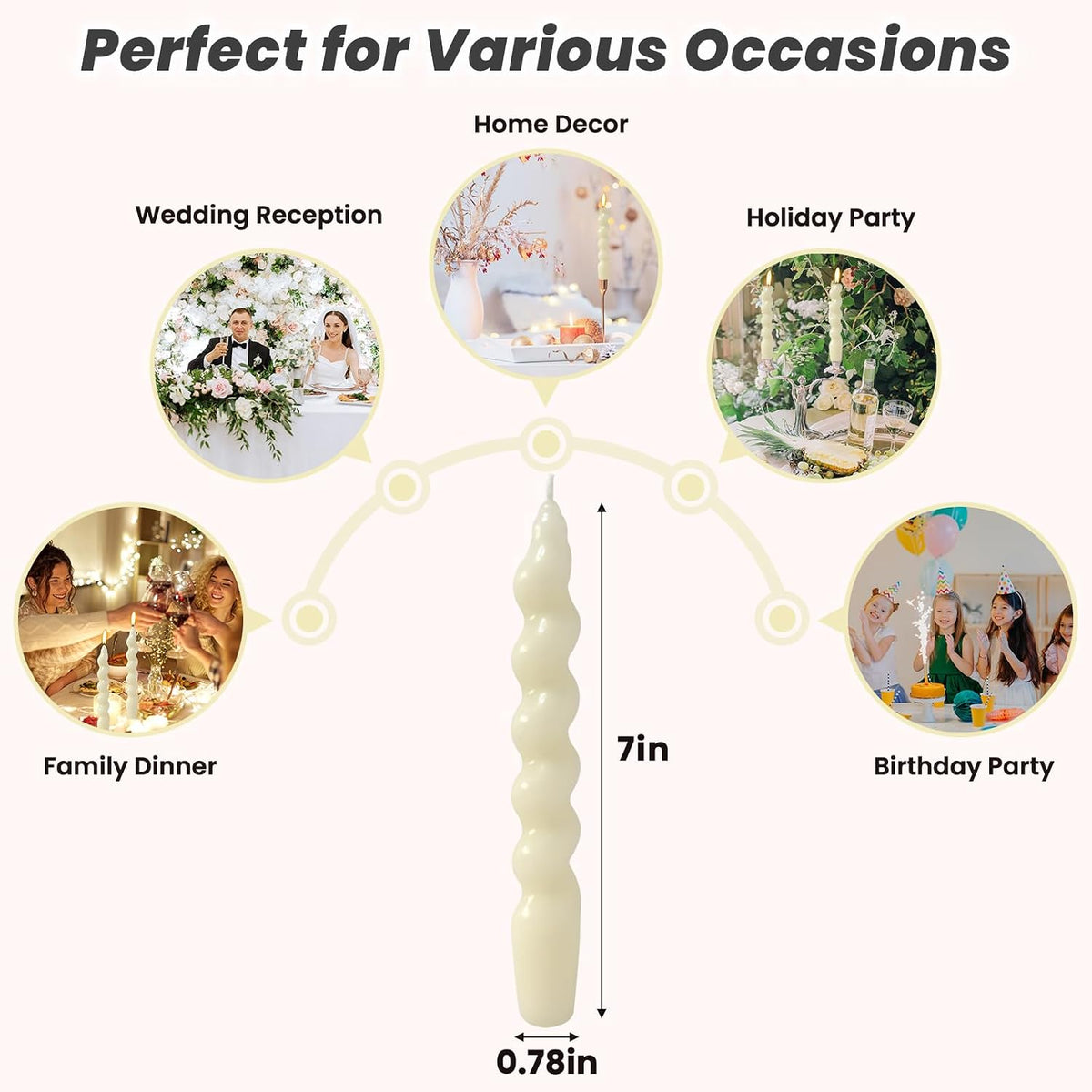 4 Pack 7 Inch Ivory Spiral Taper Candles, Unscented Dripless Fat Twisted Candlesticks for Home Décor Party Wedding and Celebrations
