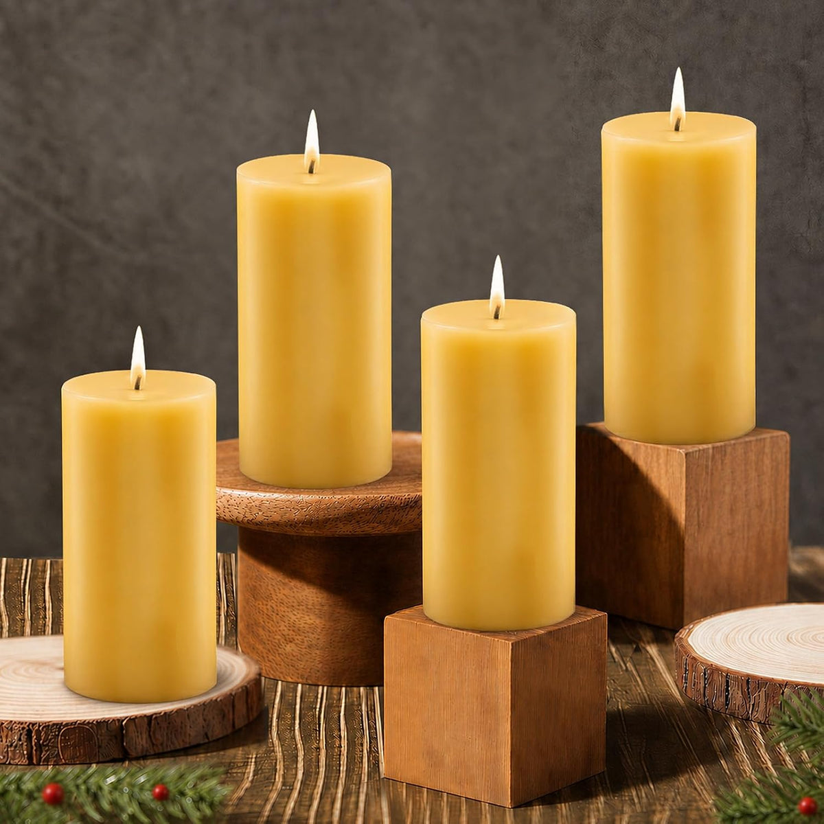 Natural Beeswax Pillar Candles Non Toxic, 240H Long Burning, 2"x4", 4Pack