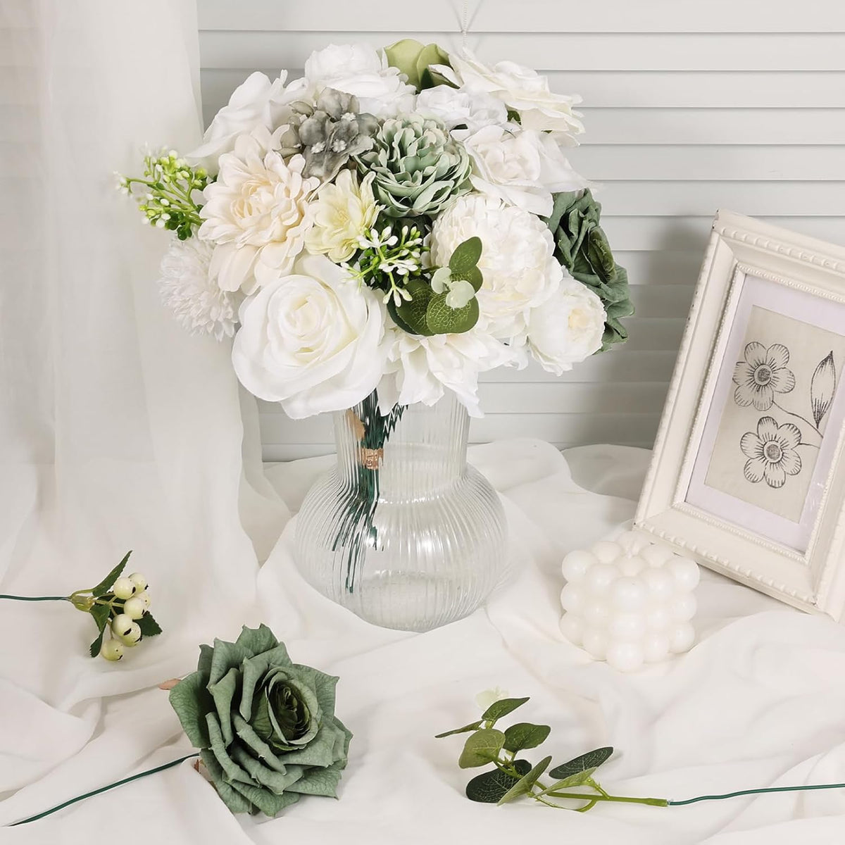 26PCS Artificial Flowers, Silk&Foam Fake Roses Set for DIY Decor