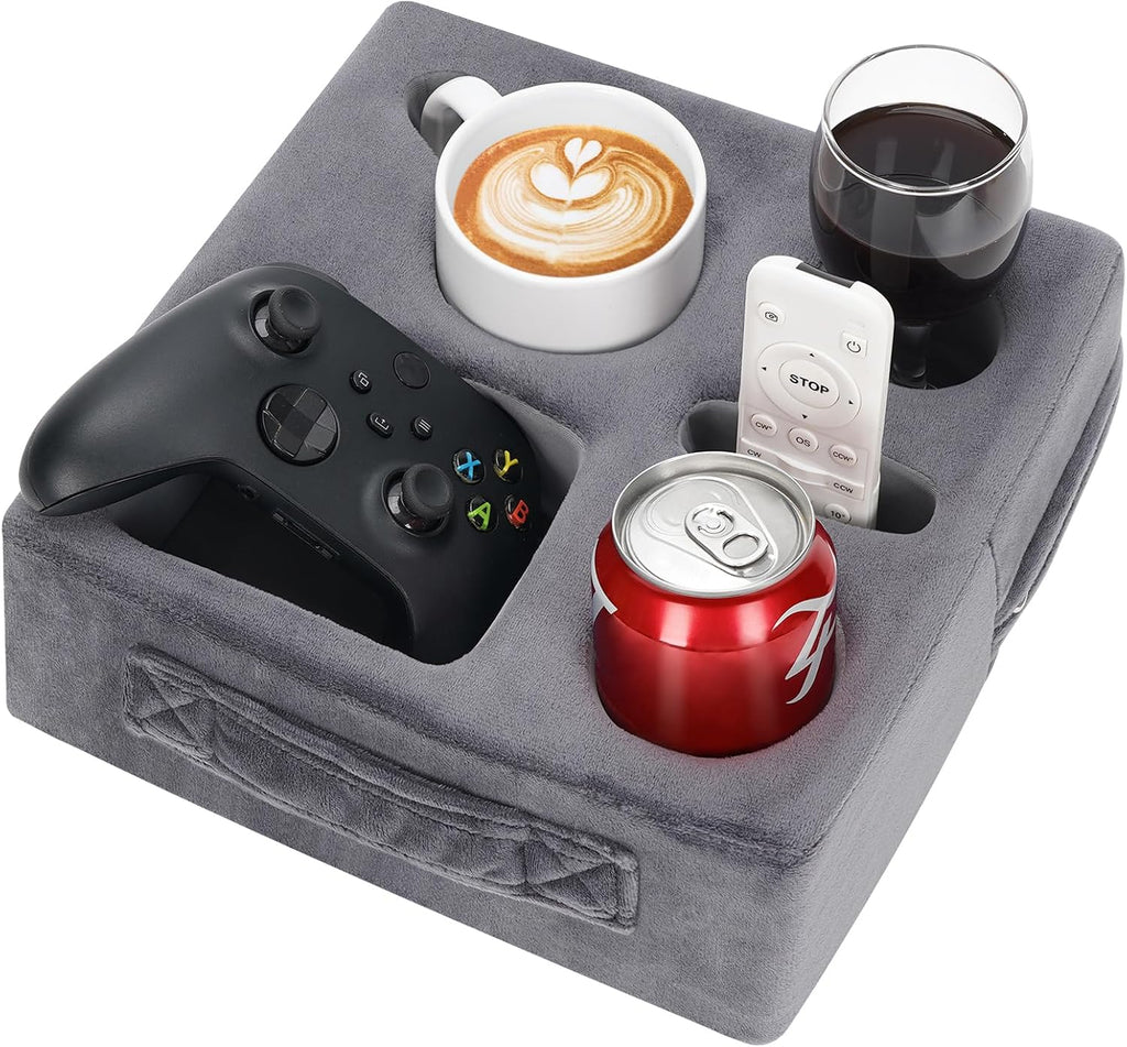 Couch Cup Holder Pillow - Sofa Drink Cup Holder Cozy Buddy, Grey