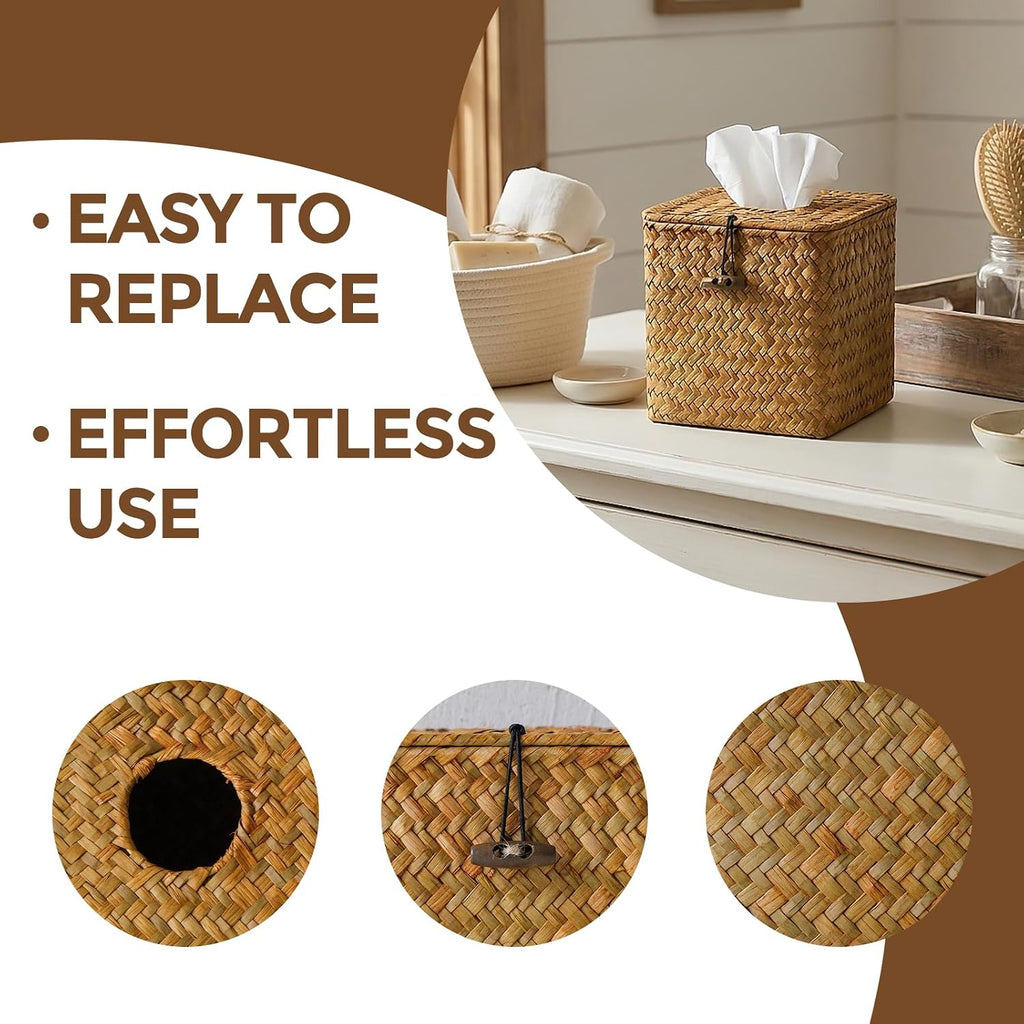 Seagrass Tissue Box Cover Square, Woven Wicker Tissue Box Holder, Orange