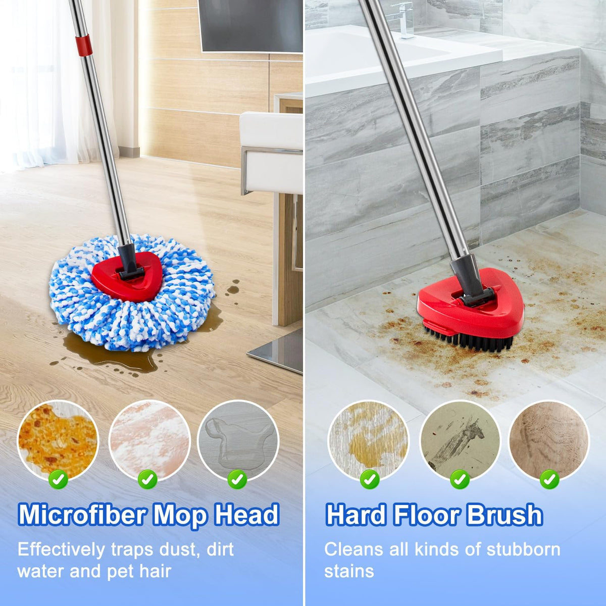 Spin Mop Handle Mop Heads and Base Replacement Sets Compatible with O Cedar EasyWring Rinseclean 2 Tank System, Flexible & Reusable(1 Sets Stainless Steel Handle & 2 Refills & 1 Base & 1 Scrub Brush)