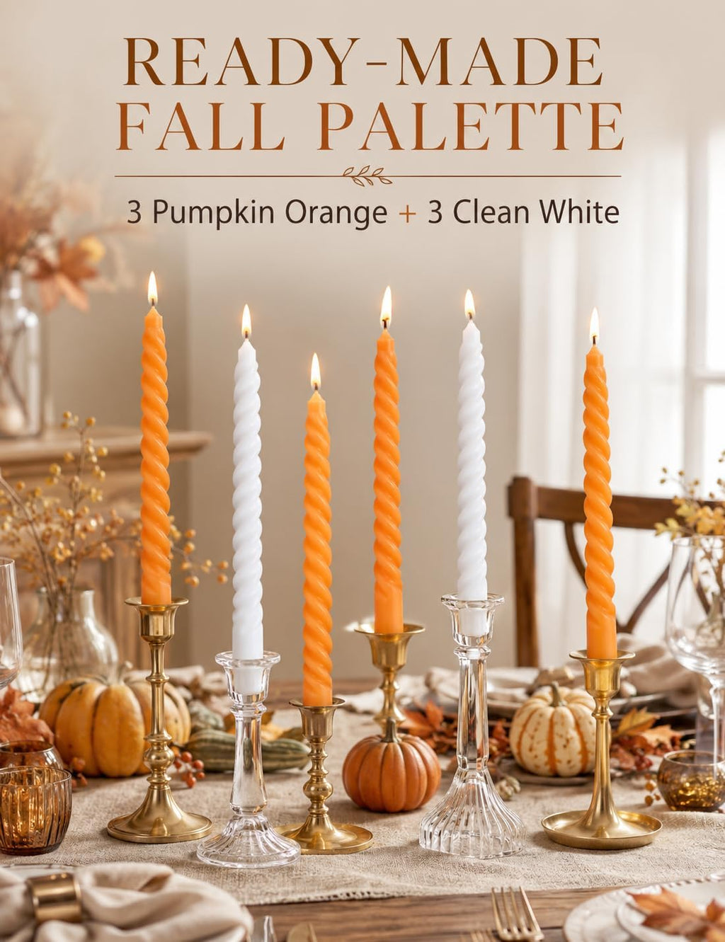 10 Inch 3 White and 3 Orange Spiral Taper Candle Set, Unscented Dripless Candlesticks for Fall Harvest Halloween Thanksginving, Holiday Décor, and Festive Dinners