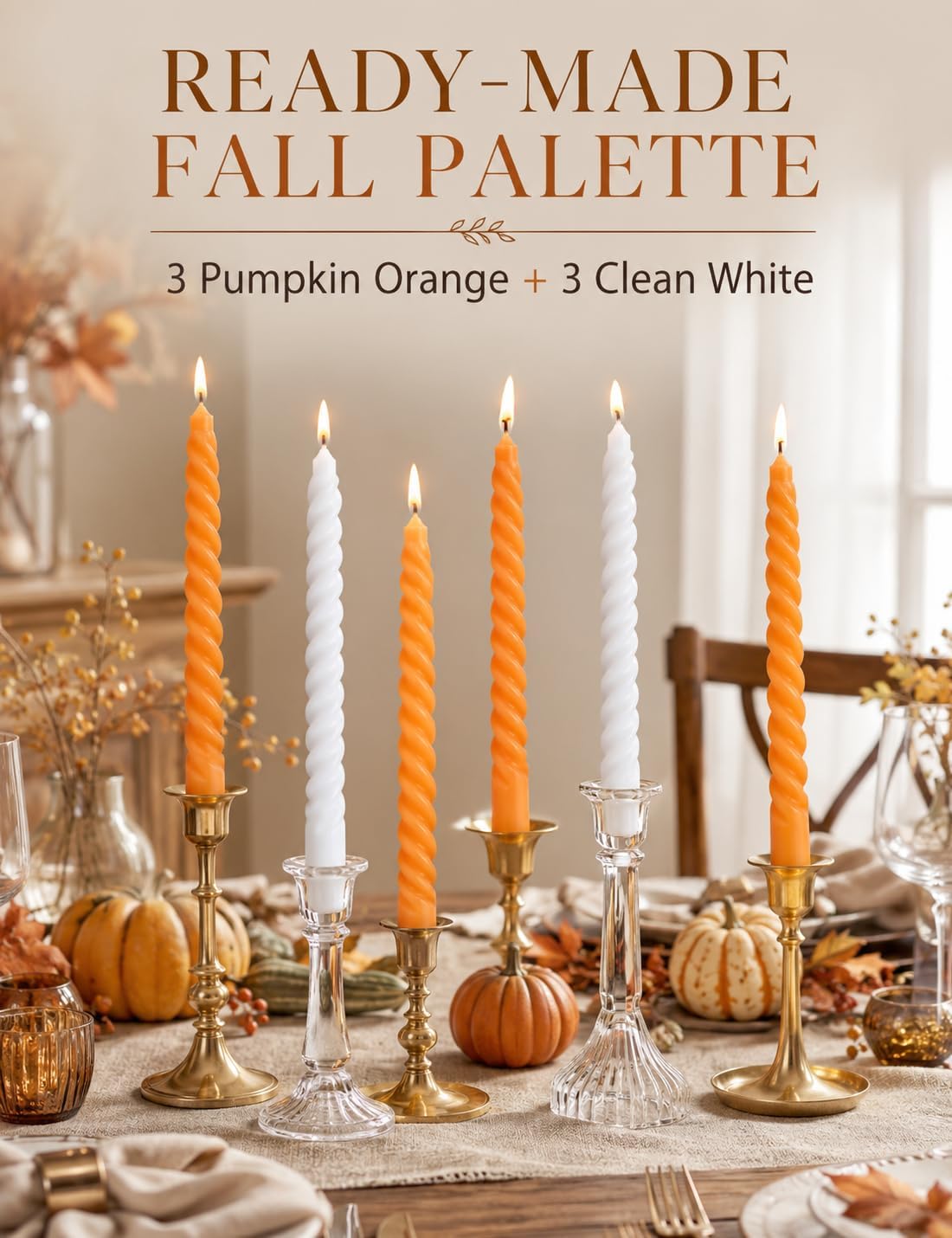 10 Inch 3 White and 3 Orange Spiral Taper Candle Set, Unscented Dripless Candlesticks for Fall Harvest Halloween Thanksginving, Holiday Décor, and Festive Dinners