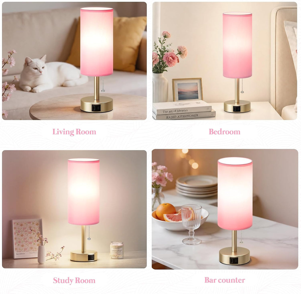 Pink Bedside Table Lamp for Bedroom - Small Nightstand Lamp for Girls