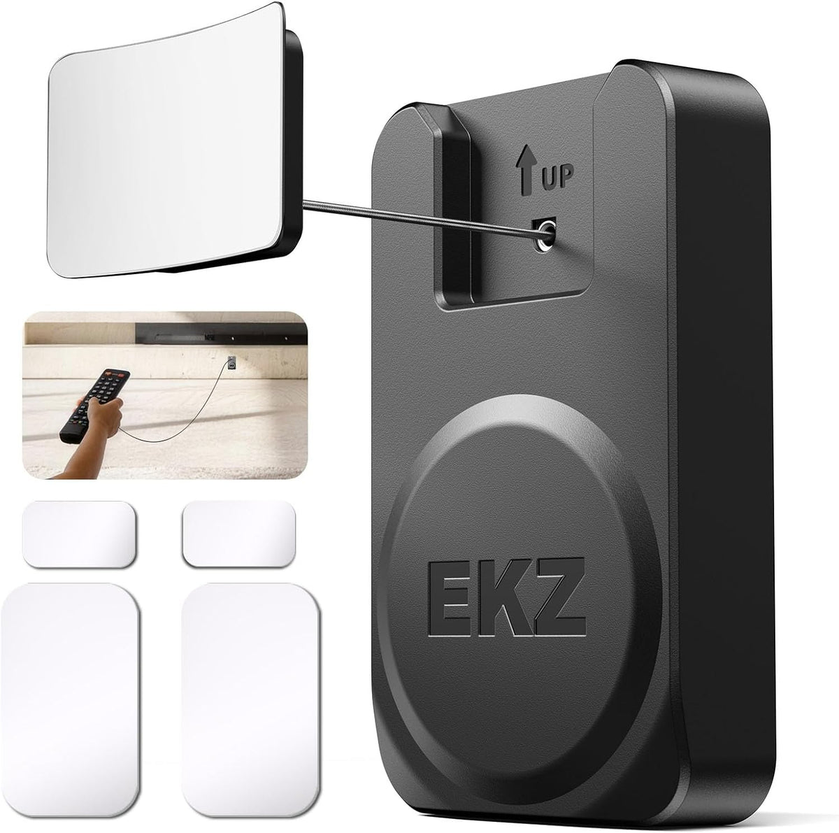 EKZ Magnetic Remote Control Holder with 6.5FT Retractable Steel Cable, Anti-Lost Remote Tether Lock with Auto-Rewind & Adhesive Wall Mount for TV, AC, Monitor & Home Remote Controls (Black,2 Pcs)