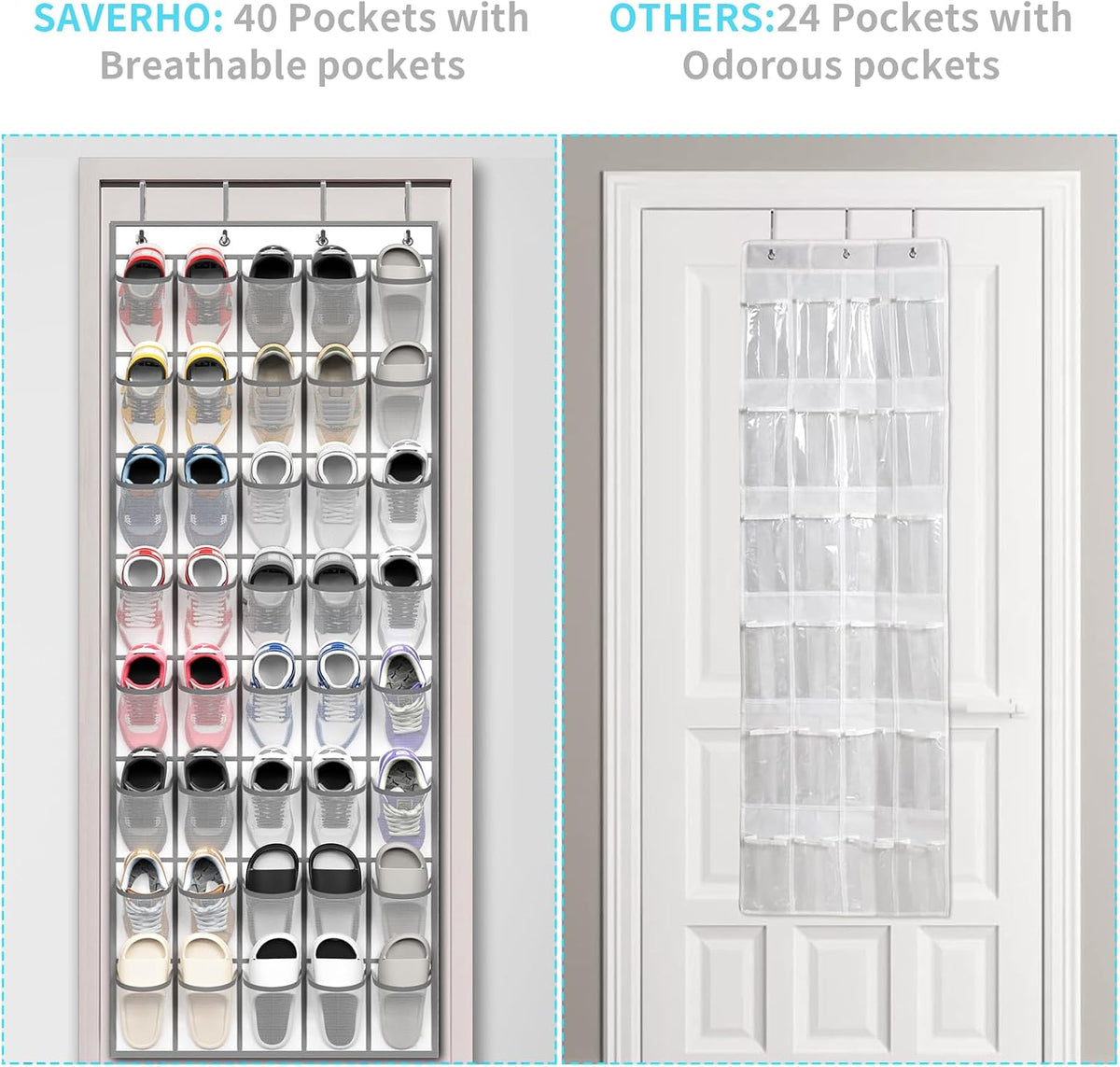 SAVERHO Over the Door Shoe Organizer, 40 Large Breathable Mesh Pockets Hanging Shoe Rack, Space Saving Shoe Holder for Entryway Bedroom Closet Storage (White)