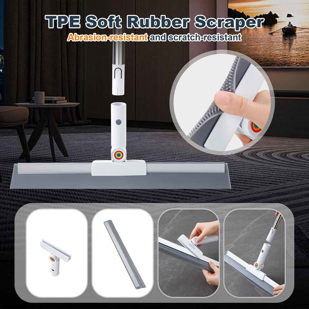 Rubber Squeegee Broom for Floor,Upgrade 62" Long Handle Window Squeegee, 2 Cleaning Cloths, Silicone Pet Hair Remover,Magic Broom Removes Water Spots, Stains, Grease, and Hair from Glass Surfaces.