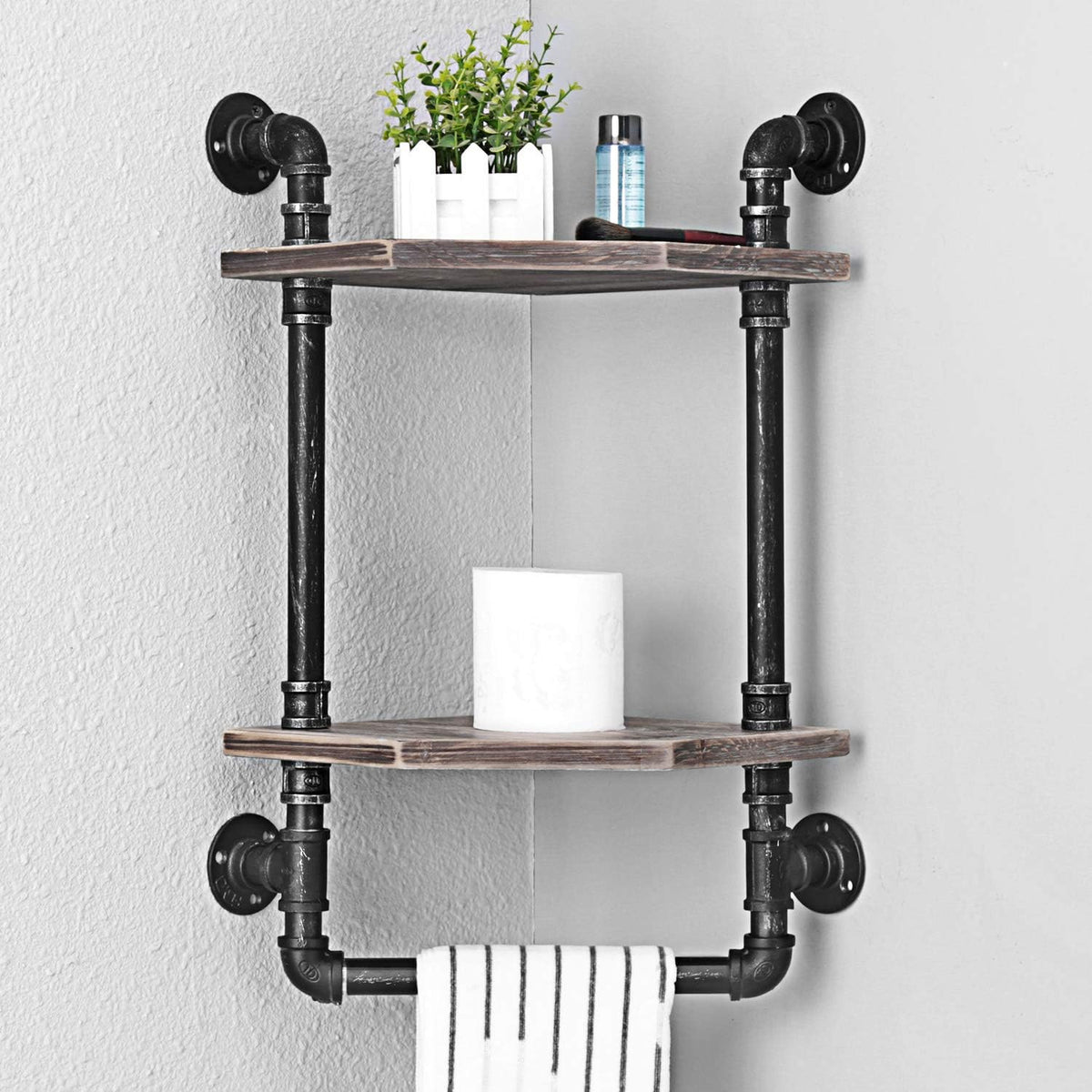 MBQQ Industrial Pipe Shelf,Rustic Corner Shelves with Towel Bar,Bathroom Shelves Wall Mounted,2 Tiered Metal&Real Wood Home Decor Floating Shelves