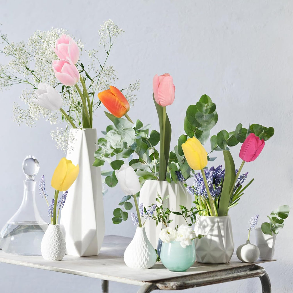 Artificial Tulips - 20 Stems Real Touch Realistic Fake Tulip Flowers, Premium Silk Feel, UV-Resistant, Anti-Fade, Waterproof Lifelike Faux Tulips for Home Decor, Wedding, Party, DIY (White)