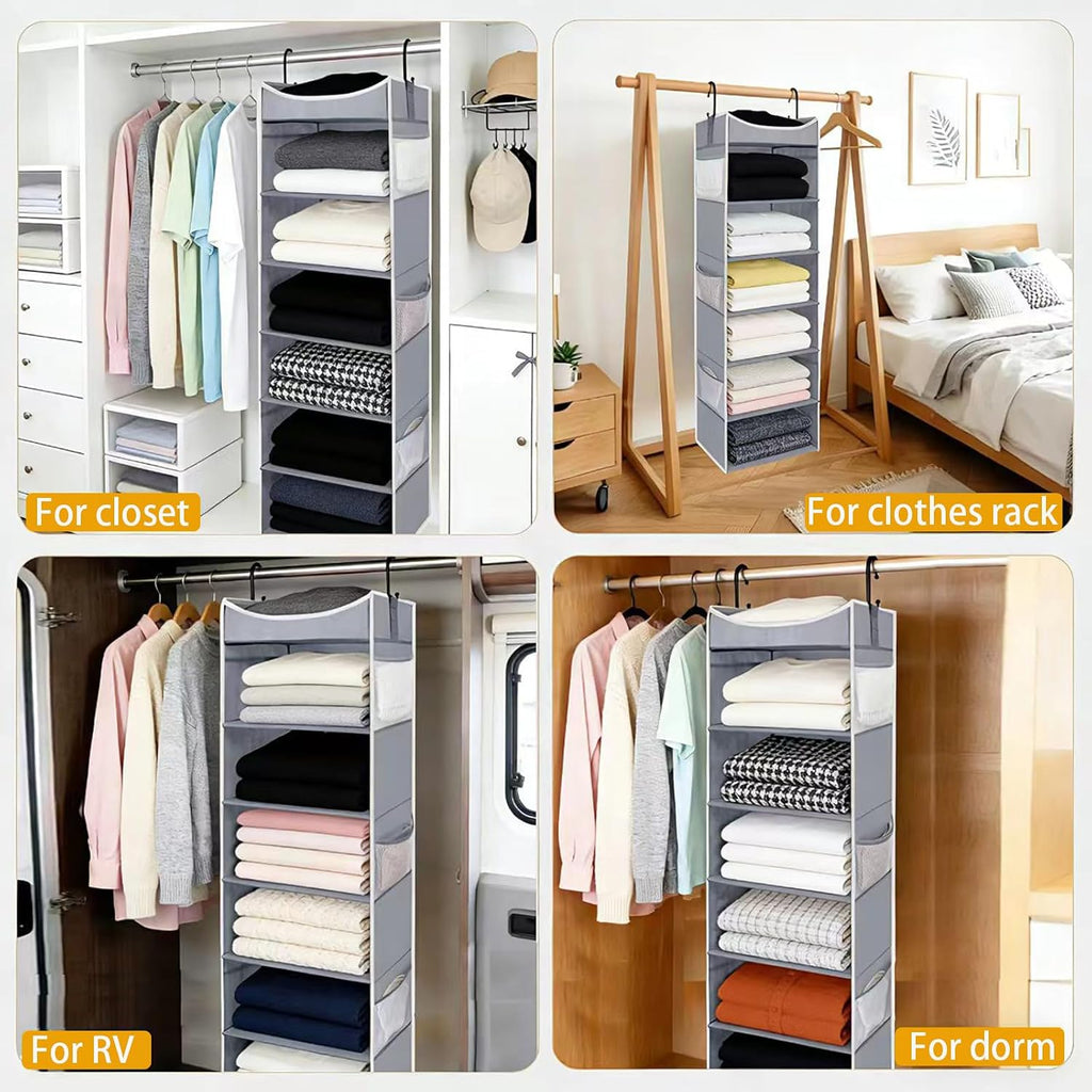 6-Shelf Hanging Closet Organizer and Storage with Side Pockets, Collapsible Closet Hanging Shelves for Storage, Grey